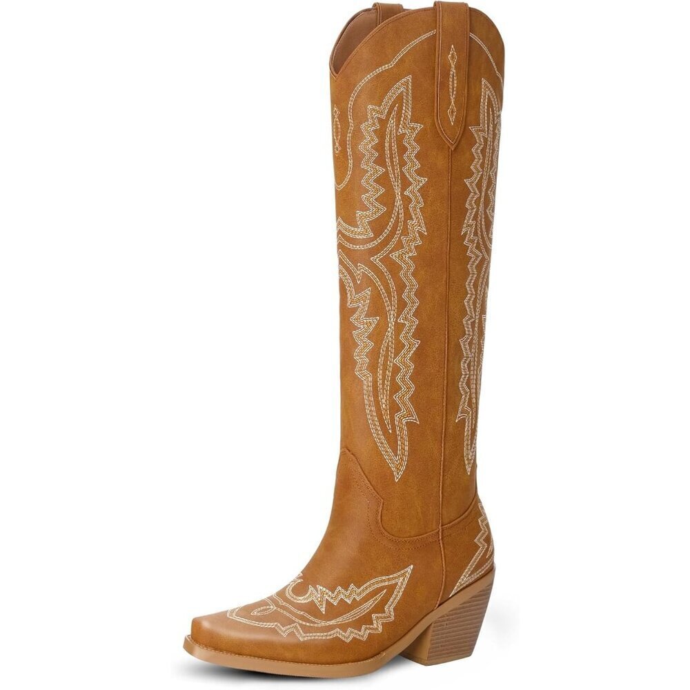 Women's Tan Knee High Cowgirl Pointed Toe Block Heel Embroidery Western Boots